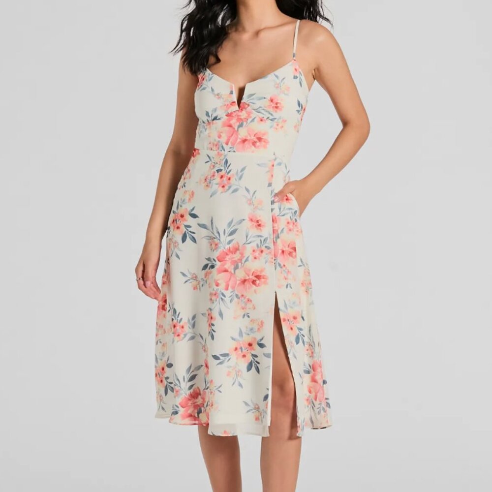 Windsor Floral Energy Sleeveless A-Line Chiffon Midi Dress, Size L, NWT